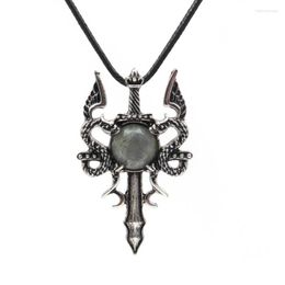 Pendant Necklaces FYSL Silver Plated Dragon Wap Labradorite Stone Bead Rope Chain Necklace Sword Shape Jewellery