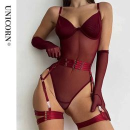 Sex Tight Fitting Lace Bodysuit Sexy See Through Jumpsuits Burgundy Gloves Garter Night Club Outfit Sissy Crotchless Sheer Top 230717