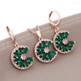 Necklace Earrings Set Trend Luxury Rose Gold Colour High Quality Green Natural Zircon Women Daily