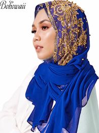 Hidżabs muzułmański szyfon hidżabs szalik turban złota błyszczące koraliki hidżab dla kobiety ramadan faulard muulmane pour femme długa chustka na głowę 230717
