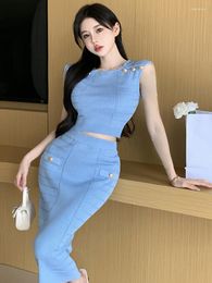 Work Dresses Fashion Knitting Two Pieces Set Sexy Dew Shoulder Sleeveless Sweater Top Bodycon Skirt Suits Women Trendy Summer