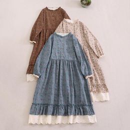 Casual Dresses Forest Mori Girl Sweet Dress Printed Floral Loose Waisted Lace Embroidery Long Sleeve Cotton Linen Women Tunique