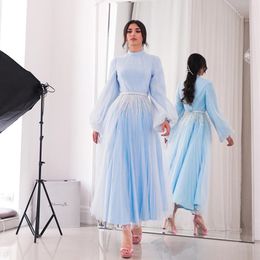 Blue A-Line O Neckline Prom Dresses Cal-Length Puffy Sleeve Party Party Bead Equin Aribic Dubai Robe de Soiree 326