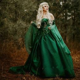 Emerald Green Gothic Mediaeval Prom Occasion Dresses Fariy Long Sleeve Strapless Bustle Corset Costume Evening Gown