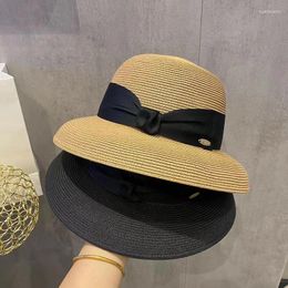 Wide Brim Hats Summer Hepburn Style Straw Hat For Women Fashion Bow Sun Cap Foldable 2023 Travel Anti-UV Beach