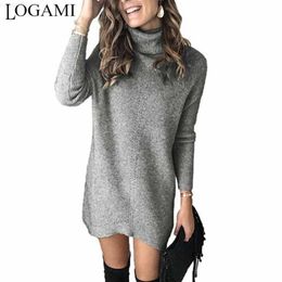 Women's Sweaters LOGAMI Turtleneck Sweater Dress Women Autumn Winter Long Sleeve Straight Short Dress Woman Sweaters L230718