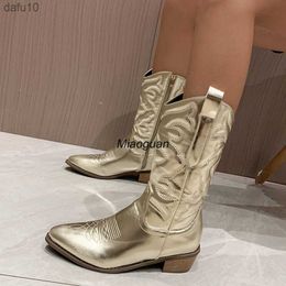 Gold Mid-calf Boots Woman Side Zipper Silver Pointed Western Cowboy Boots Retro Fashion Black Boots Plus Size 36-43 Women Boots L230704