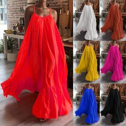 Casual Dresses Big Hem Long Dress Summer Women Sling Sleeveless Spaghetti Strap Solid Color Tie-Up Backless Loose Maxi With Side Pockets