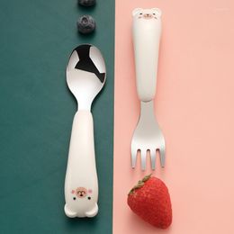 Dinnerware Sets YOZWOO 2023 Cartoon Portable 304 Stainless Steel Children's Spoon Fork Infant Learning Feeding Wholesale Gift Tableware Set