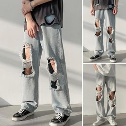 Men's Jeans Men Low-rise Ripped Holes Casual Denim Pants Straight Wide Leg Pockets Zipper Solid Colour Long Streetwear