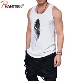 Whole- Phanteen Summer Sleeveless Tank Tops Feather Print White Black Loose Tanks Workout Excercise Fashion Vests Men Brand Cl191e