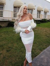 Casual Dresses Ailigou 2023 Summer Women's Gift Party Dress Luxury Feather Long Sleeve Mesh Patch Black White Bandage Tight Midi