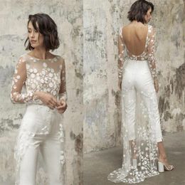 Sexy Open Back Jumpsuit Wedding Dresses with Lace Overskirts Long Sleeves Bride Wedding Gowns Pant Suit Vestidos De Novia317B