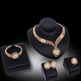 African Jewelry Sets Women Wedding Round Crystal Necklace Bracelet Ring Earring 18K Gold Plated Bridal Jewellery Set301J
