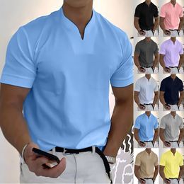 Men's Polos Summer Fashion Trend Sports Fitness Leisure Simple Men's T Shirt Solid Loose Short Sleeve V Neck Top Men's Polo Shirt 230717