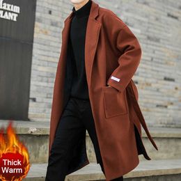 Men's Wool Blends Fashion Winter Thicken Jacket Men Classic Fashion Trench Coats Black Caramel Men Belt Long Trench Slim Fit Overcoat Men Coats HKD230718