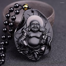 Pendant Necklaces Natural Obsidian Jewellery Hand Carved Lock Maitreya Happy Buddha Lucky Necklace For Women/ Men