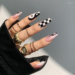 False Nails 24pcs/Set Long White Black Lattice Coffin Fake Taiji Pattern Ballerina Nail Decoration Art Manicure Full Tips