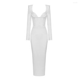 Casual Dresses 2023 White V Neck Long Sleeve Midi Elegant Women Bandage Dress Bodycon Clothes Club Celebrity Party