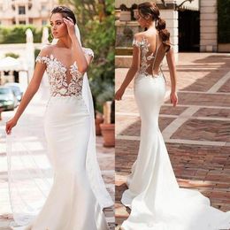 2019 Eddy K Capped Sleeves Mermaid Wedding Dresses Lace Appliques Boho Bridal Gowns Sexy Illusion Back Satin Long Wedding Gowns325e