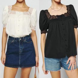 Women's Blouses Short Puff Sleeve Women Elegant Shirt Lace Trim White Or Black Top Spring Summer 2023 Lady Sqaure Collar Single Breasted