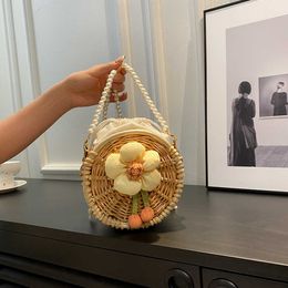 Summer Woven Bag 2023 Forest Series Soft Sister Splice 3D Flower Fashionable One Shoulder Pearl Small Fragrant Beach Bag 230718