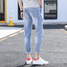 Men's Jeans Cool Men Solid Colour Ankle-Length Stretchy Ripped Tassel Denim Pants Washable Slim Streetwear