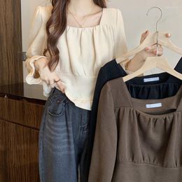 Women's Blouses Solid Colour Women Vintage Loose Womens Tops And Casual Square Collar Long Sleeve Shirts