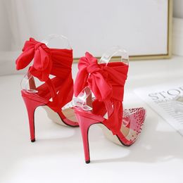Sandals sexy pointed transparent TPU ankle strap stiletto high heels with ribbon 538 10A 230718