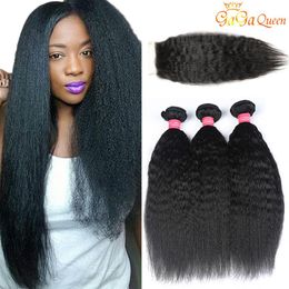 peruvian kinky straight human hair with closure 4x4 lace closure with yaki straight hair bundles235c