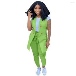 Women's Two Piece Pants Green Blazer Suits Fashion Women Set V Neck Sleeveless Belt Up 2 Pieces Outfits Sets And Long Pant Business Casual