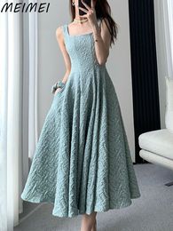 Urban Sexy Dresses Women Solid Colour Square Collar Draped A-line Slip Dresses Green Elegant Korean Style Slim Sundress Vintage Summer Y2k Dress 230717