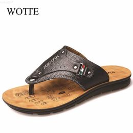 Slippers New Men Slippers Summer Flip Flops The First Layer Cow Leather Flat Heel Casual Mulers Clogs Beach Shoes High Quality Sandals L230718