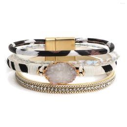 Charm Bracelets Amorcome Boho Druzy Resin Stone For Women Girls Leopard Print Animal Fur Wrap Leather Bracelet Jewellery Gifts