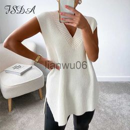 Women's Sweaters FSDA Women V Neck Sleeveless Sweater Vest Knitted 2020 Jumper Autumn Winter Split White Korean Preppy Pullover Loose Top Casual J230718 J230718