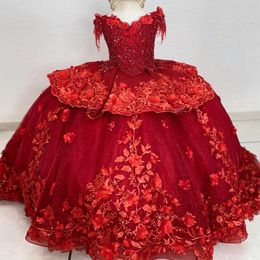 Red Flower Girls Dress For Wedding 2024 Off Shoulder Appliques Crystal 3DFlower Ball Gowns Child Dress First Communion Photoshoot
