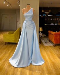 2023 African Sexy Bridesmaid Dresses Light Blue Sheath Mermaid Plus Size Long Satin Split Maid Of Honour Wedding Guest Dress Mixed Styles Sweep Train