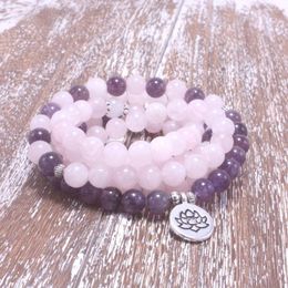 Strand 8MM Natural Stone Mala Pink Purple Crystal Lotus OM Buddha Charm Bracelet For Women Yoga Jewellery