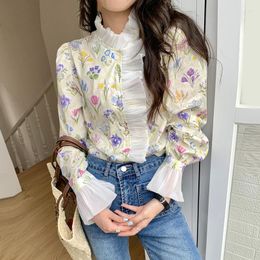 Women's Blouses Vintage Lolita Style Ruffles Blouse Women Spring Long Flare Sleeve Floral Print Shirt Loose Tops