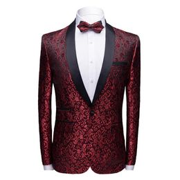 Brand Men Shawl Collar Wine Red Casual Suit Jacket Prom Party Blazer Man Coat Blazer Hombre Men Slim Fit Floral Masculino2916