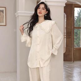 Women's Sleepwear Sexy Ruffles Princess Collar Jacquard Satin Long Sleeve Shirt Pants Loose Soft Nightwear Women Pyjamas Homewear