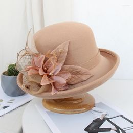Vintage Wool Felt lace bucket hat with Elegant Flower Design for Women - Perfect for Parties, Weddings, and Warmth