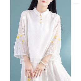 Ethnic Clothing 2023 Chinese Vintage Blouse National Flower Embroidery Chiffuse Traditional Retro Service Qipao Shirt