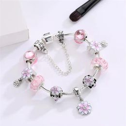 16 to 21CM pink oriental cherry charm bracelet 925 silver snake chain flower beads fit DIY Wedding Jewellery Accessories for new yea307B