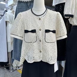 Women's Blouses For Women Fashion 2023 Crochet Bow Pockets Blusa Feminina Hollow Out O-neck Blusas Casual Korean Drop