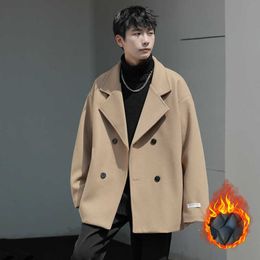 Men's Wool Blends YASUGUOJI New Winter Thicken Warm Woollen Coat Men Casual Double Breasted Coat Men Korean Fashion Loose Oversized Mens Overcoat HKD230718