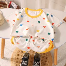 Clothing Sets Summer Infant Baby Girl Boy Solid Cotton Clothes Set Cartoon Bear Shorts Sleeve Tshirts Top Shorts Children Flower Print Pyjama