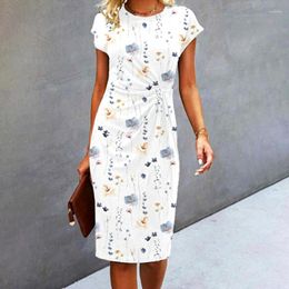 Casual Dresses Elegant Women Summer Dress Flower Printing Round Neck Short Sleeve Slim Fit Knot Daily Wear Knee Length Prom Party