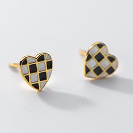 Stud Earrings White And Black Grid Heart Fashion Geometric Studs For Women 925 Sterling Silver Statement Jewelry