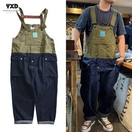 New mens cotton multi-pocket splice loose overalls man streetwear jeans men casual trousers suspenders pants jumpsuits coveralls268t